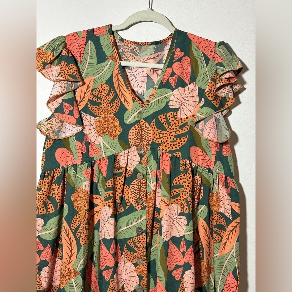 Green Orange Floral Tropical V- Neck Dress Size Large Flowy Tropical Boho - Picture 2 of 5